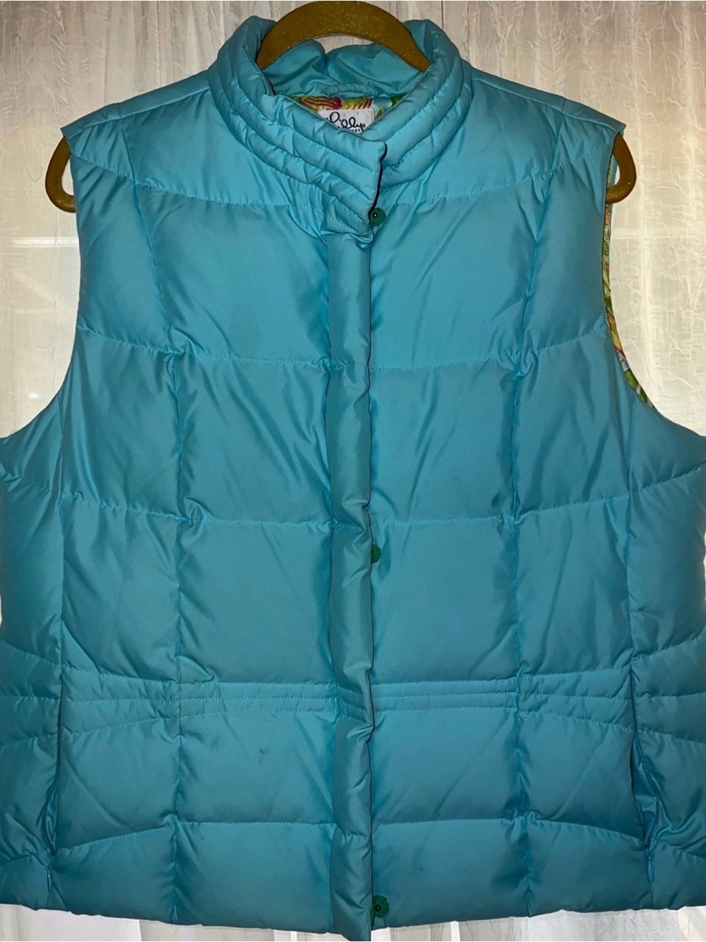 Lilly Pulitzer Puffer Vest Sz XLTeal Blue Down Filled Full Zip Snap Pockets